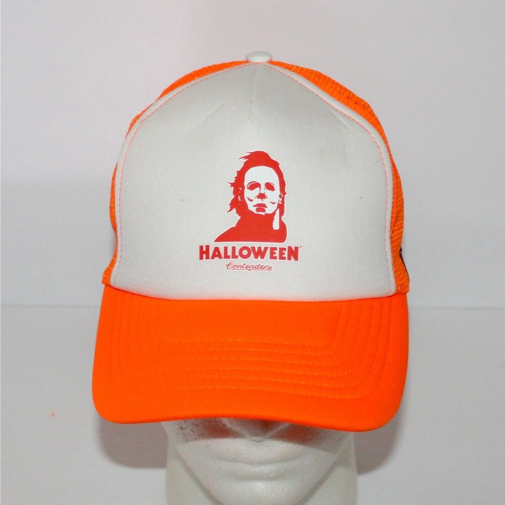 Halloween horror movie Michael Myers Trucker Hat Unisex Contenders orange white